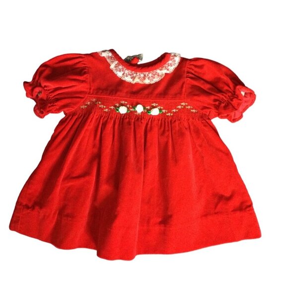 Vintage Baby Girl's Velvet Embroidered Smocked Dress Short Sleeve Red Lace Trim - Picture 1 of 8